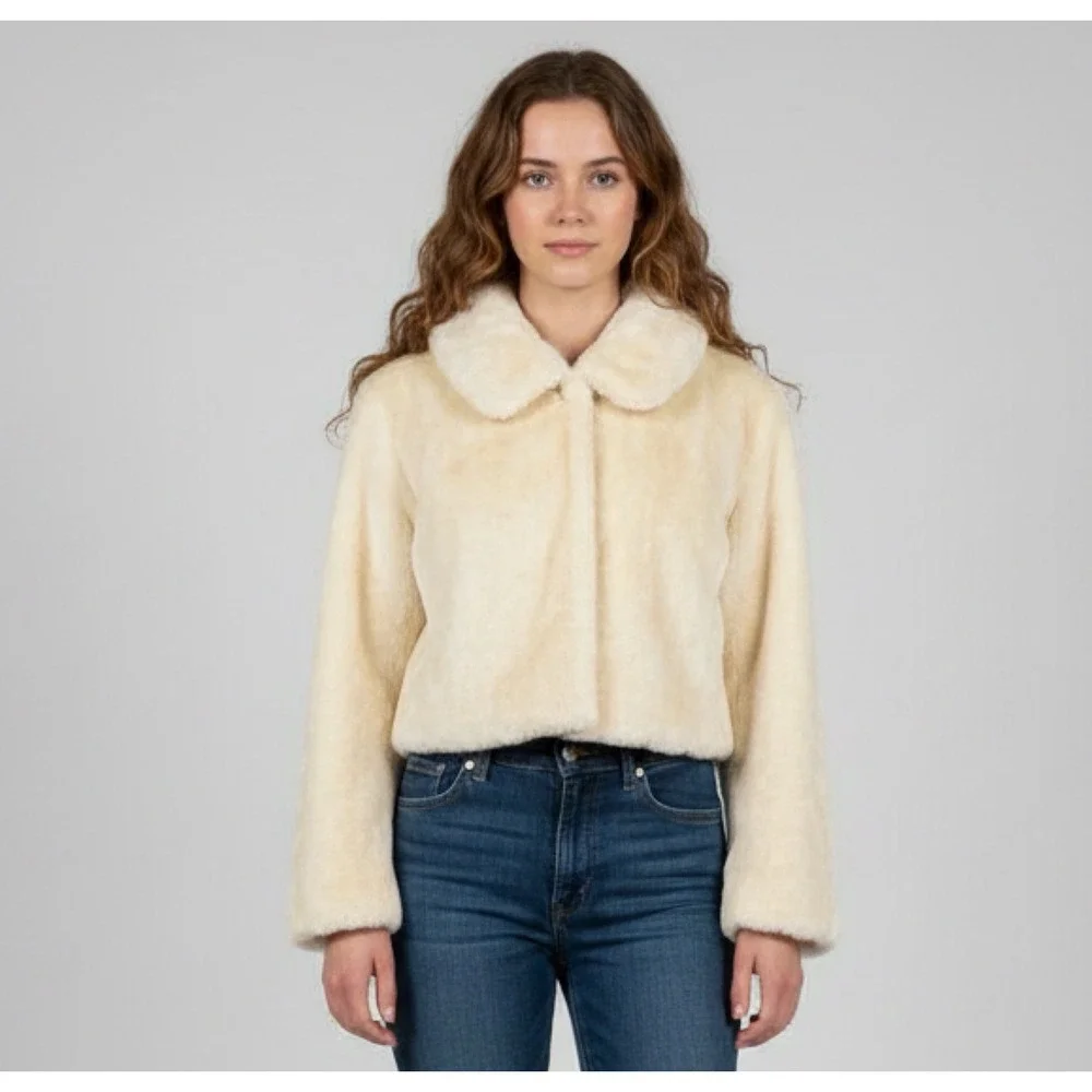 Vintage 1960s Ivory Faux Fur‎ Cropped Jacket S Shawl Collar ILGWU Union Made USA